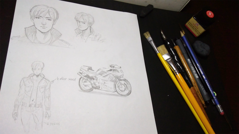 Pencils for a sketch, G pens and brushes for the finishing touches. Pencils for a sketch, G pens and brushes for the finishing touches.